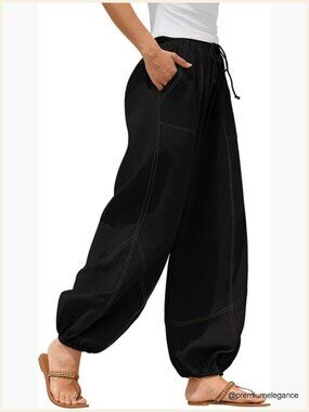 Linen Drawstring Elastic Waist Wide Leg Pants with Pockets